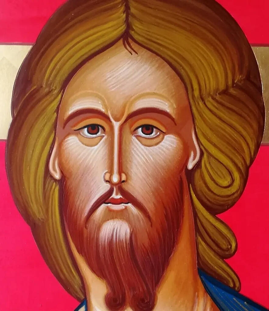 Volto di Gesù Cristo Icona ortodossa dipinta a mano da Nicola Damiano raffigurante il Volto di Cristo con espressivi occhi scuri, capigliatura scriminata al centro, barba e aureola crucifera su fondo in foglia d'oro.