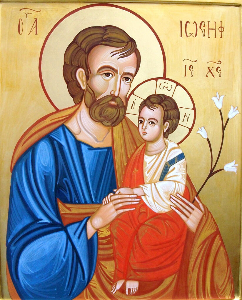 San Giuseppe con bambino Gesù Icona di San Giuseppe con Gesù bambino dipinta a mano con antiche tecniche greco ortodosse dal laboratorio iconografico dell'artista Nicola Damiano