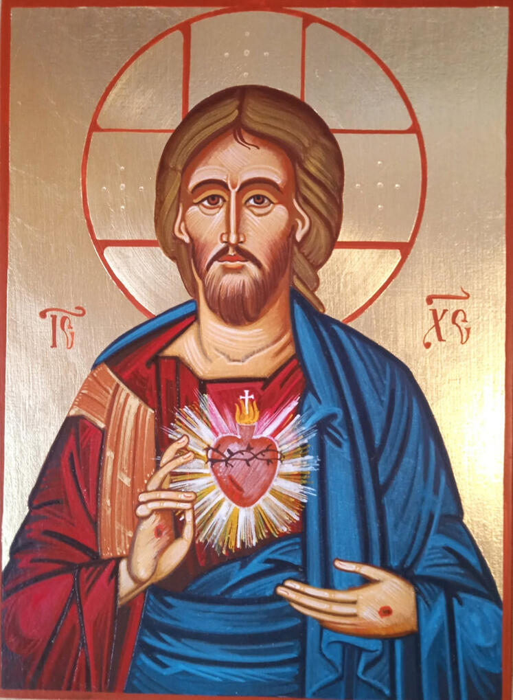 Sacro Cuore di Gesù "Icona del Sacro Cuore di Gesù dipinta a mano da Nicola Damiano, in stile tradizionale bizantino/ortodosso. Cristo è raffigurato a mezzo busto con una veste rossa e un mantello blu, la mano destra alzata in segno di benedizione e la sinistra che indica il