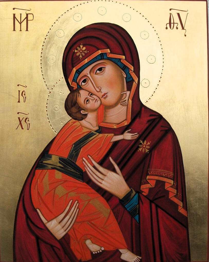 Vergine di Vladimir Icona russa dipinta a mano da Nicola Damiano della Vergine di Vladimir, raffigurante la Madonna con il Bambino Gesù che le cinge il collo con la mano e appoggia la guancia alla sua, su fondo in foglia d'oro.