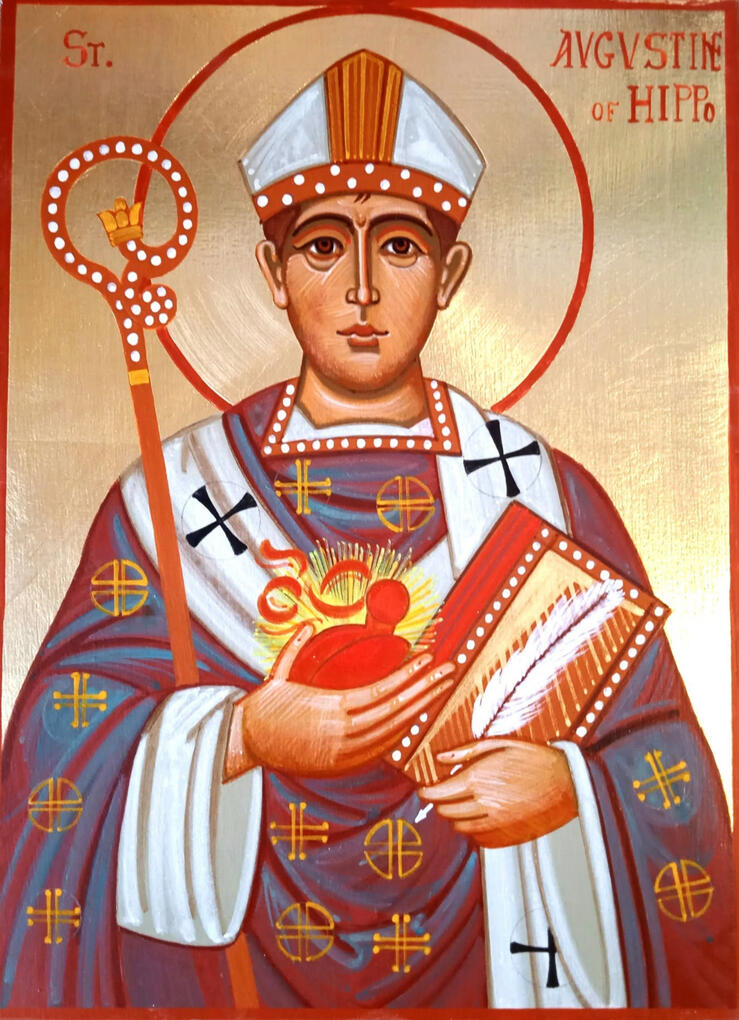 Sant' Agostino da Ippona "Icona sacra di Sant'Agostino d'Ippona dipinta da Nicola Damiano. Il Santo Vescovo e Dottore della Chiesa è raffigurato in abiti episcopali tradizionali, con lo sguardo solenne, mentre regge un libro sacro e un cuore fiammante, simbolo del suo amore per la