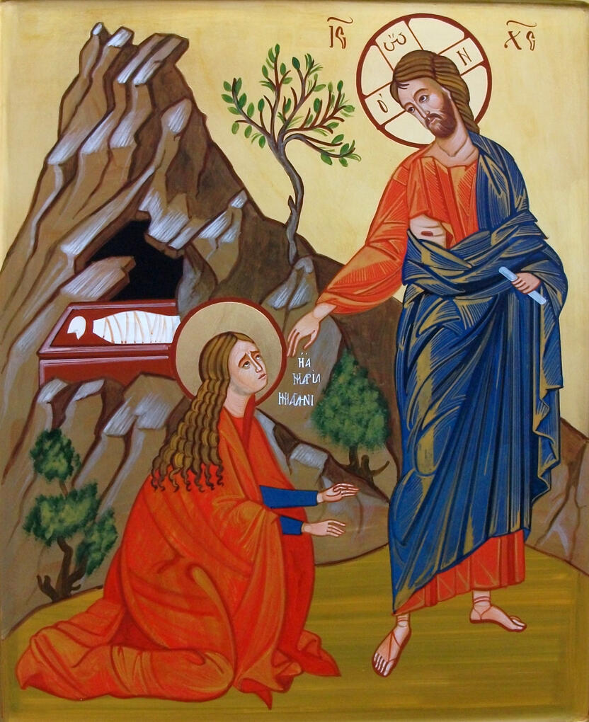 Noli me tangere "Icona greco ortodossa del "Noli me tangere" dipinta a mano dall'artista Nicola Damiano.. Sulla sinistra, Maria Maddalena è inginocchiata protesa verso Cristo Risorto, che si trova sulla destra con veste luminosa e la mano tesa in un gesto di benedizione o
