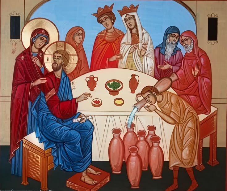 Le nozze di Cana "Opera d'arte sacra dipinta a mano da Nicola Damiano raffigurante il primo miracolo di Gesù alle Nozze di Cana, con aureole dorate, toni caldi, dettagli minuziosi sulle anfore e figure sacre in una solenne atmosfera di festa."